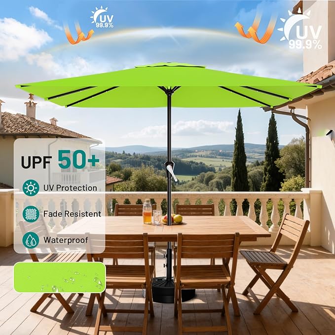 AreShark 8' X 10' Rectangular Patio Umbrella with Solar Lights, Lighted Solar Umbrella with Crank, Outdoor Table Umbrella for Garden, Deck, Backyard, Pool and Beach, Apple Green
