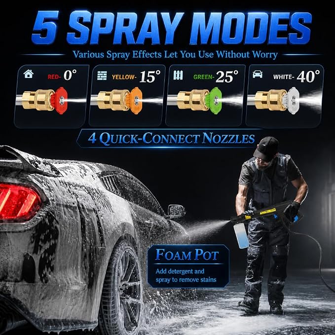 𝟓𝟎𝟎𝟎𝐏𝐒𝐈 𝐏𝐫𝐞𝐬𝐬𝐮𝐫𝐞 𝐖𝐚𝐬𝐡𝐞𝐫 Cleaner, Portable Car Washer with 4 Quick Connect Nozzles, Foam Cannon (Blue)