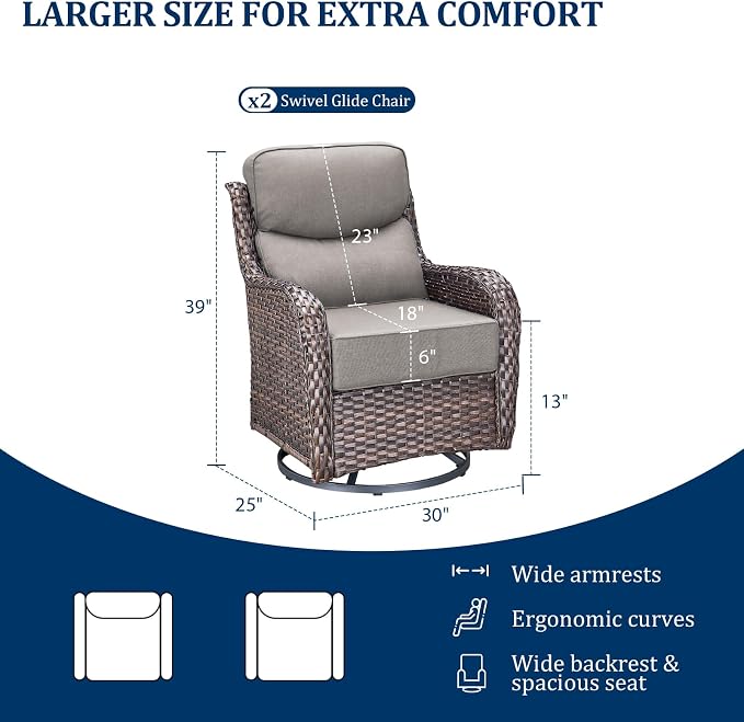 Luxury Swivel Rocker Chairs Set with 6" Thick Cushion - Wicker Outdoor Swivel Rocker Patio Chair High Back Comfortable Outdoor patio furniture set Glider Chairs set - Brown Wicker | Grey Cushions