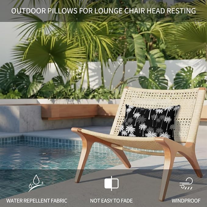 Tropical Palm Tree Outdoor Pillows for Chaise Lounge Chair Waterproof Lumbar Pillows with Insert&Adjustable Strap Beach Headrest Pillow Black White Plants Coastal Leaf Beach Pool Pillow 12"x20"