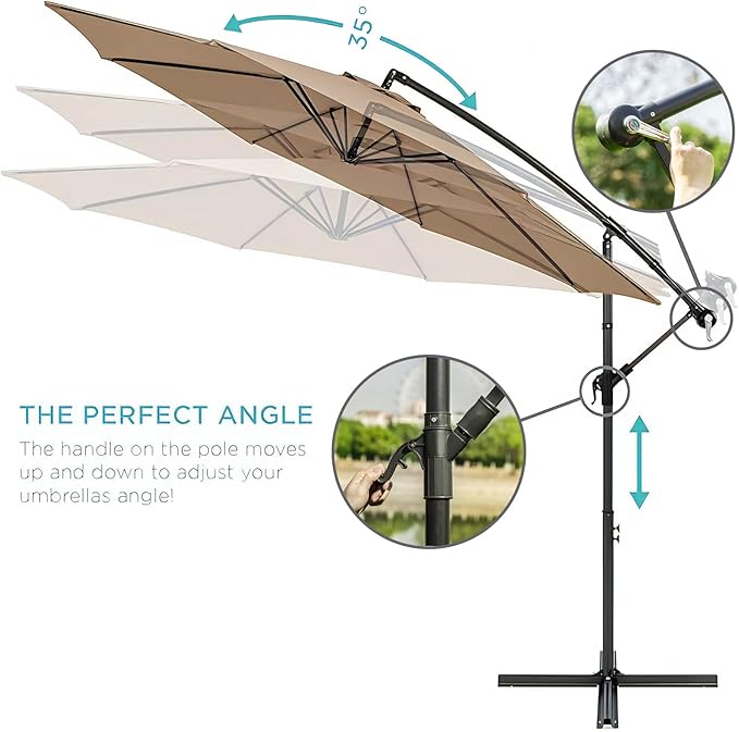 10ft Offset Hanging Market Patio Umbrella w/Cross Base, Outdoor Large Round Aluminum Cantilever Umbrella w/Easy Tilt Adjustment, Fade Resistant Waterproof 8 Ribs Canopy, for Yard, Garden & Dec