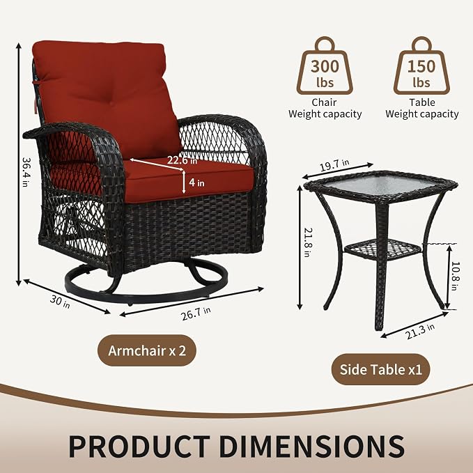 SHGJ&SOFT 3 Piece Patio Furniture Set, 2 Outdoor Swivel Rocking Chairs with Side Table, Wicker Glider Chairs, All-Weather Rattan Bistro Set for Porch, Deck, Pool (Red, Brown Open-Weave Rattan)