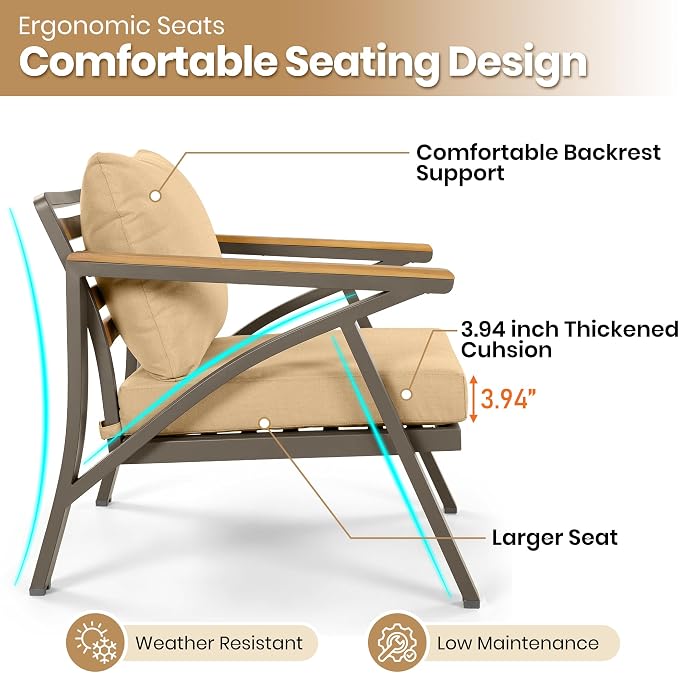 KLMM 6-Piece Outdoor Patio Furniture Set,Steel Frame Sofa Set with 3-Seat Couch, 2 Armchairs, 2 Ottomans & Acacia Wood Coffee Table,for Backyard, Garden, Poolside (Brown-BC)