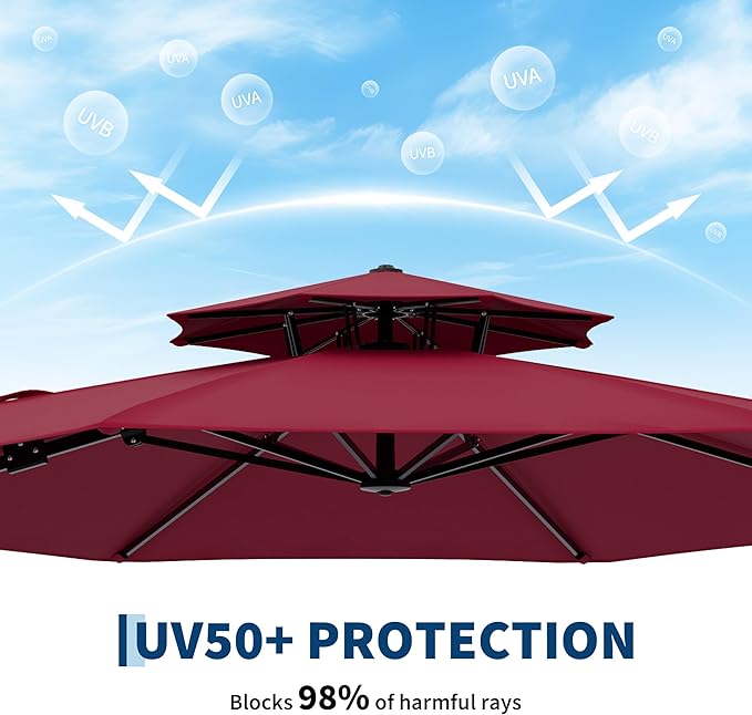 10x10 FT Round Outdoor Umbrella with Base, Cantilever Patio Umbrella with 360° Rotation & Adjustable Height, Heavy Duty Aluminum Umbrella Outdoor Patio for Garden Poolside,Burgundy Red