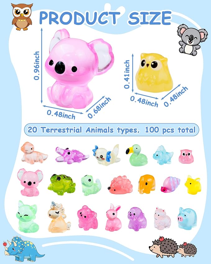 FIVEIZERO 100PCS Luminous Mini Resin Terrestrial Animals Bulk - 20 Styles Glow in The Dark Plastic Tiny Land Animal Figures for Dollhouse, Fairy Garden, Aquarium, Party Favors & DIY Craft Decor