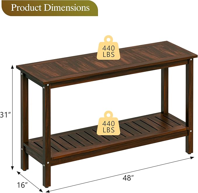 Wooden Console Table, 48in 2-Shelf Solid Wood Patio Side Table, Indoor Outdoor Buffet Bar Organizer with Foot Sliders (Espresso)