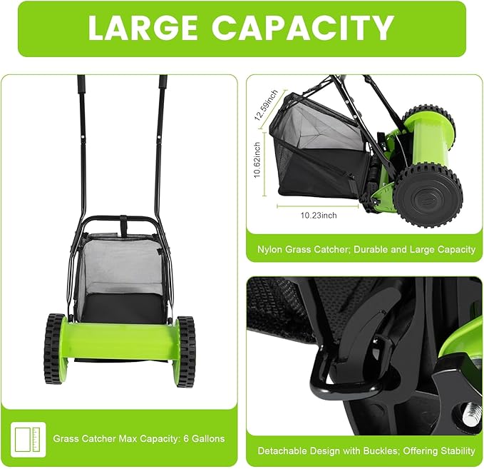12'' Manual Lawn Mower, Adjustable Push Reel Cutter Hand-Powered Clipper Walk-Behind Trimmer with 5-Reel Design & 6-Gallon Collection Bag for Grass Leaves Debris on Lawns Courtyards