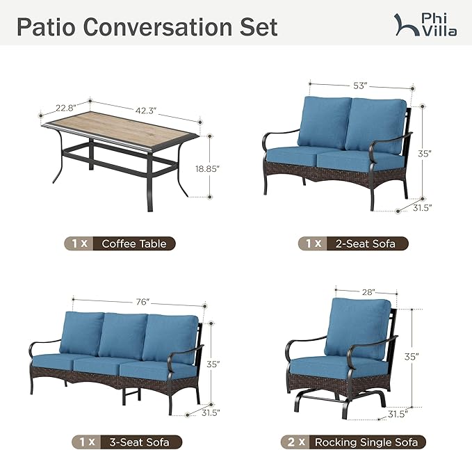 PHI VILLA Outdoor Modern Patio Furniture Set, Upgraded Wicker & Metal Patio Conversation Set with Waterproof Thick Cushions for Porch, Poolside, Yard(5 Pieces,Navy)