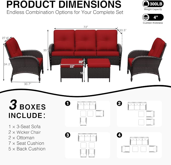 Joyside Wicker Patio Furniture Set, 5 Piece Outdoor Furniture Set with Thickened Cushions, High Back, Deep Seating, Wide Armrest, Rattan Outdoor Chairs for Porch, Deck