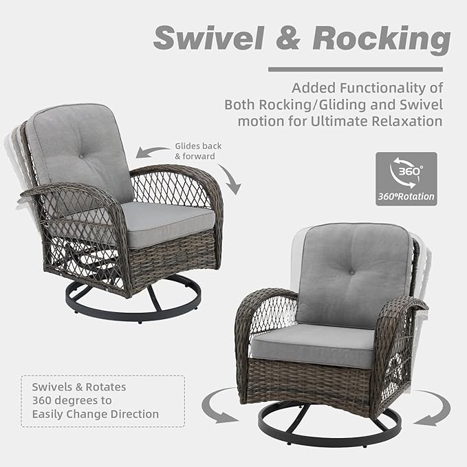 EROMMY 5 Pieces Outdoor Swivel Rocker Patio Chairs, 360 Degree Rocking Patio Conversation Set with Thickened Cushions, Glass Coffee Table and Ottomans for Backyard, Gray