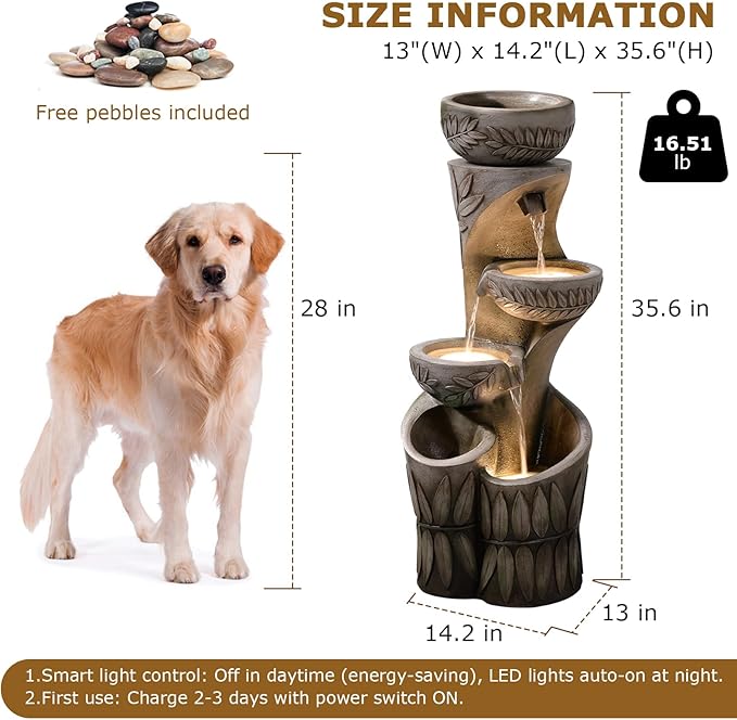 4 Tiered Solar Water Fountain Outdoor Garden, 35.6" Tall Cascading Bowl Leaf Carved Outdoor Waterfall Fountains Modern Water Feature with Dual Planters for Garden, Patio, Deck, Yard, Indoor Decor