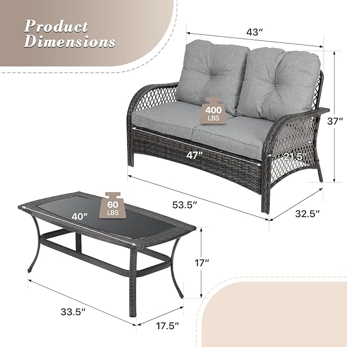 Athena Collection Outdoor Furniture Set Patio Loveseat and Table Set of 2, PE Rattan Sofa Conversation Set Double Chair Match Thickened Cushion and Coffee Table for Garden Porch Yard, Gray