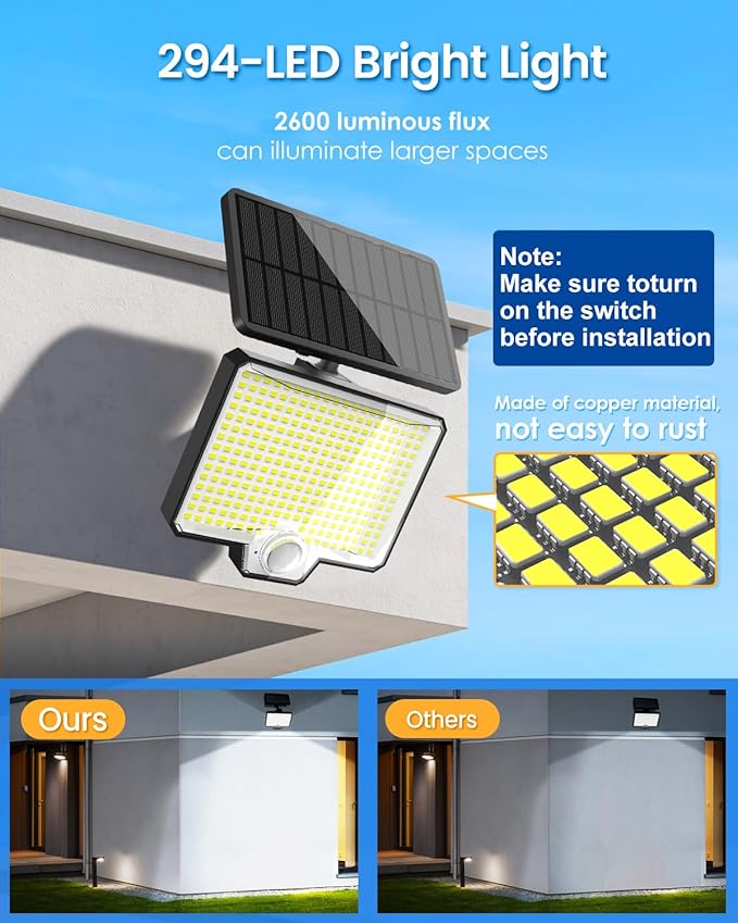 AUDERWIN 294 LED Split Solar Motion Sensor Outdoor Lights, 2600Lm Solar Flood Lights, IP67 Waterproof Outside Solar Powered Security Spot Lights for Porch Patio Yard Garage Fence Garden, 2 Pack Black