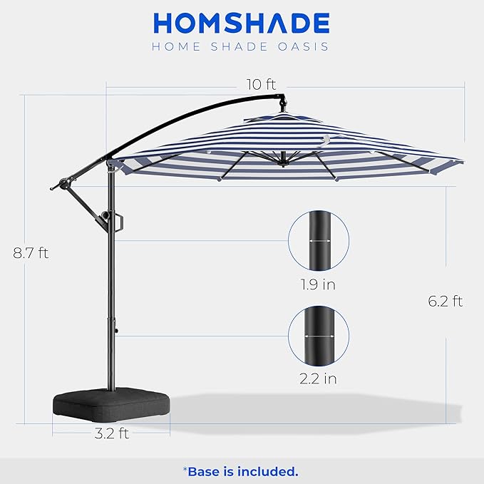 HOMSHADE 10ft Offset Patio Umbrella wIth Base, Cantilever Offset Hanging Patio Outdoor Market Umbrella UPF50+ UV Protection with Easy Tilt and Crank for Pool Deck and Garden(Navy Blue Stripes)