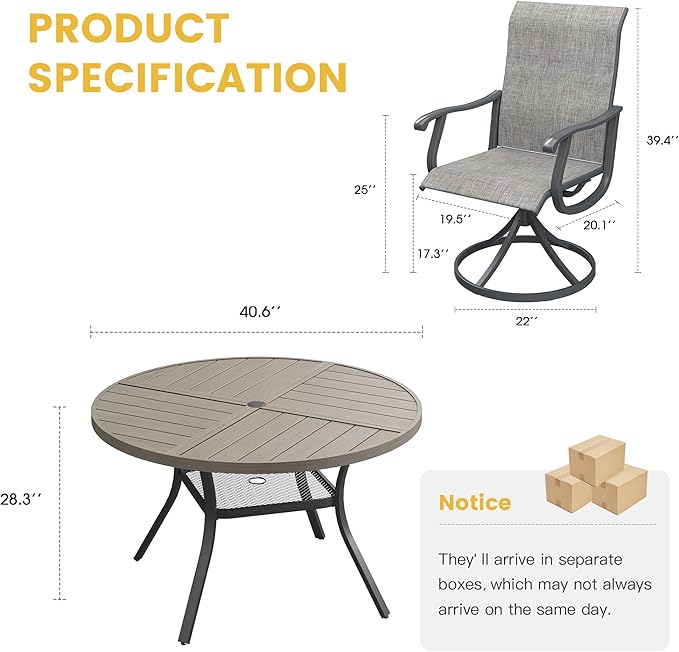 VICLLAX Patio Dining Set for 4, 5 Pieces All Weather Outdoor Dining Set - 40.6" Square Outdoor Table and 4 Patio Swivel Chairs for Lawn Garden, Grey Wood Grain Tabletop and Grey Fabric