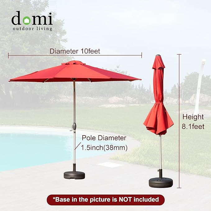 Domi 10FT Patio Umbrella Outdoor Market Umbrella with Silver Aluminum Pole, UV Resistant Canopy, Wind Vent, Tilt & Crank System, Perfect for Patio, Garden, Deck, Pool, Outdoor Dining, Red