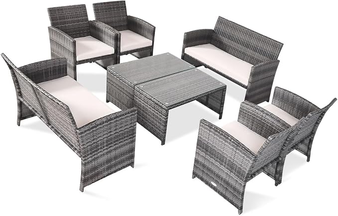 Outdoor Conversation Set, 8 Pieces Wicker Patio Furniture Set with Ergonomic Curved Design, Patio Chair Set with Water-Resistant Cushion & Tempered Glass Table for Backyard, Porch(Beige)