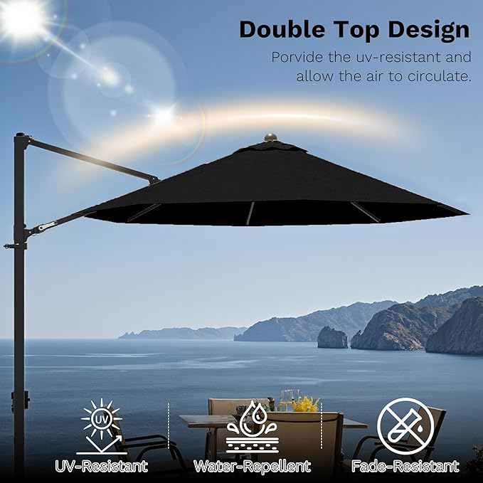 Devoko 10ft Cantilever Patio Umbrella, Round Large Outdoor Umbrella with 360-Degree Rotation, Hanging Offset Market Sun Umbrella, Easy Tilt and Heavy-Duty Frame, for Patio Backyard Garden, Black