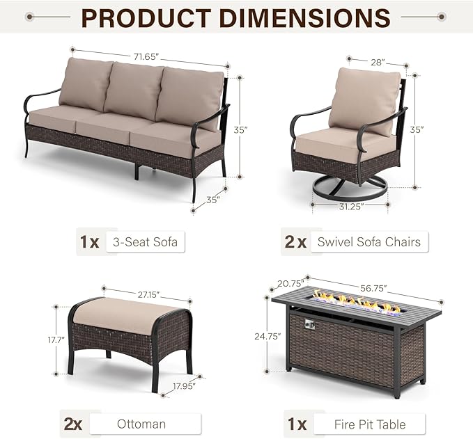 GREEN PARTY Extra Large Outdoor Patio Furniture Set with 56" Fire Pit Table 6 Pieces for 7, Modern Metal Patio Conversation Sets with High Back 3-Seat Sofa, 2 Swivel Chairs, 2 Ottoman