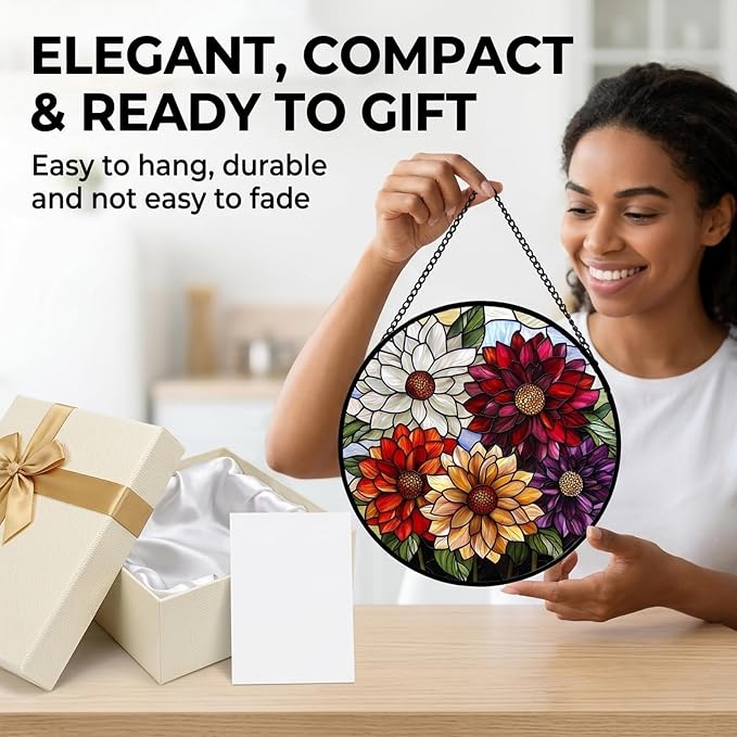 Birthday Gifts for Women - Colorful Flowers Faux Stained Glass Window Hanging Sun Catcher for Door Garden Acrylic Decor Mother's Day Christmas for Mom Nana Grandma Sisters Wife 9.8"