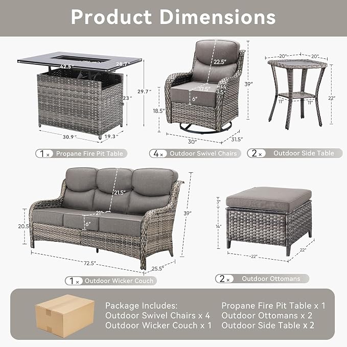 Luxury Patio Furniture Set with Fire Pit Table-10 Pieces All Weather Outdoor Swivel Rocker Chairs with Sofa and Ottomans. Outdoors Patio Conversation Sets for Porch Deck Garden(Grey/Grey)