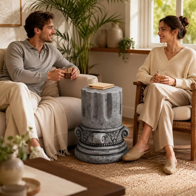 Stone Side Table,Round Faux Marble Side Table,Modern Small Stone End Table for Balcony, Tree Stump Garden Stool DrumTable Indoor and Outdoor (Gray-14.4"-2)