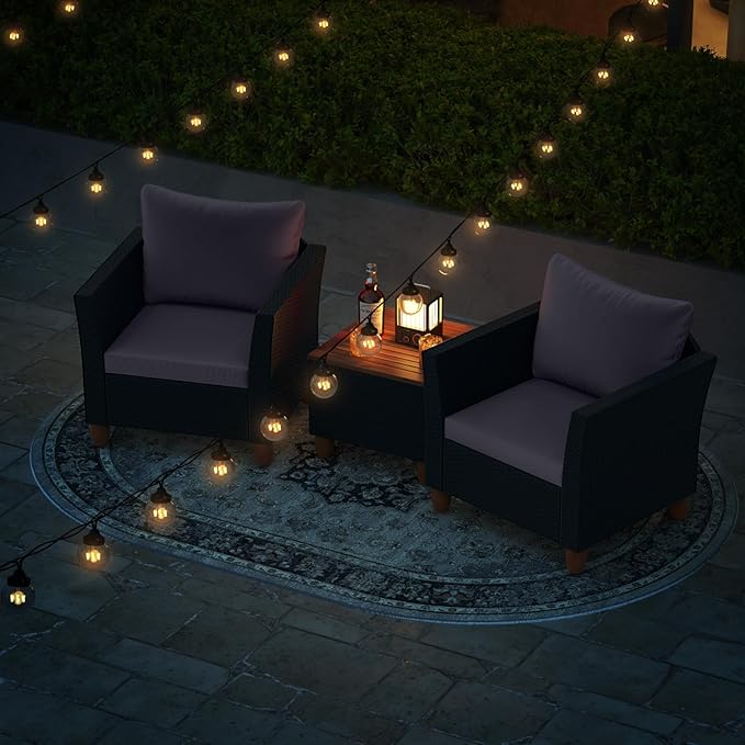 HAPPYGRILL 3 Pieces Patio Furniture Set PE Rattan Wicker Sofa Set with Storage Coffee Table, Cushions, Acacia Wood Outdoor Conversation Set for Balcony Backyard Porch Garden