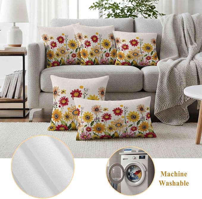 Yellow Red Spring Floral Outdoor Waterproof Throw Pillow Covers 26x26 Set of 2, Pastoral Summer Flower Rustic Decorative Pillowcases Cushion Pillowcase for Couch Sofa Patio Outside Pillow Protector