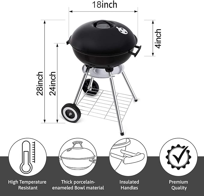 18 Inch Portable Charcoal Grill with Accessories for Outdoor Cooking Barbecue Camping BBQ Coal Kettle - Mini Grilling Utensil Includes Tongs, Spatula,Fork,Basting Brush, Scraper