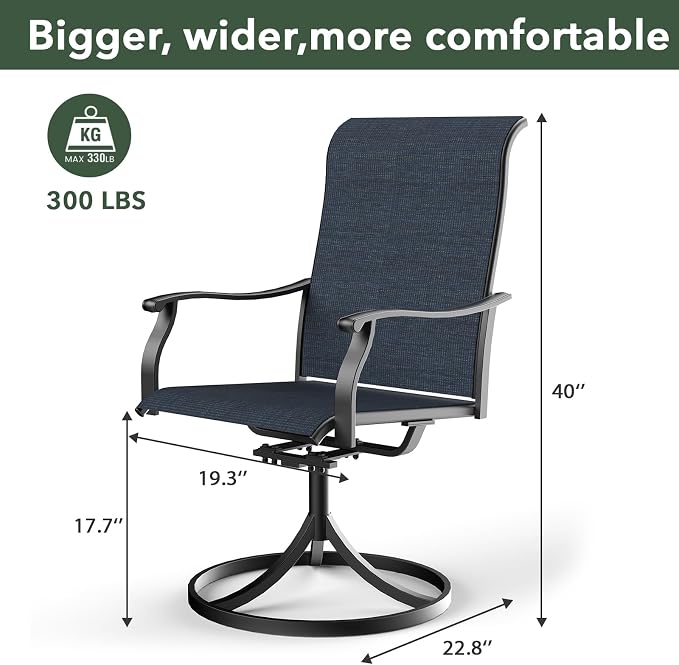 Patio Dining Set 5 with 40" Glass Round Table, Navy Blue Swivel Chairs Sty1 | 4 Piece Swivel Chairs: High Back, Retro Armrest, Textilene Fabric, Rocking; 40 inch Round Table: Glass Top; All Weather