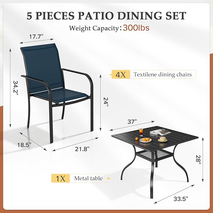 Crownland 5 Piece Patio Dining Set, Outdoor Textilene Dining Sets, 4 Textilene Metal Chairs and Square Outdoor Dining Table with 1.57" Umbrella Hole (Blue)