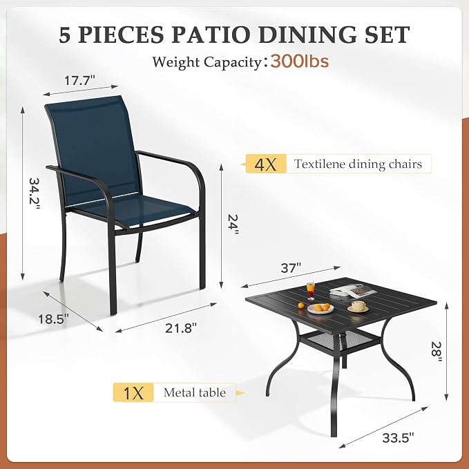 SUNCROWN 5 - Piece Furniture Set, Outdoor Dining Set with 4 x Textilene Dinning Chairs and 1 Steel Slat Metal Bistro Table for Lawn Garden Backyard Deck, Dark Blue