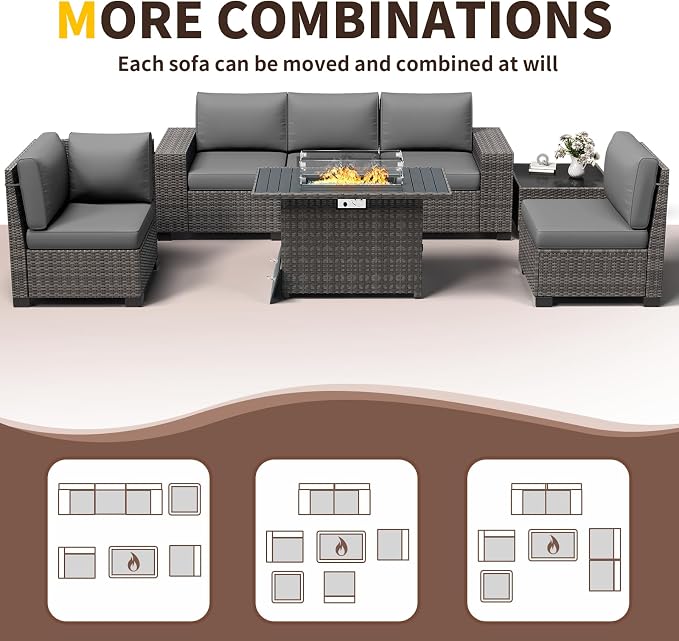 Patio Furniture with Fire Pit Table,8‘’ Wide armrest Outdoor Sectional Rattan Sofa Set, Wicker Patio Furniture Sets w/Coffee Table,Thick Cushions and Cover for Porch, Balcony, 7PC (Grey&Grey)
