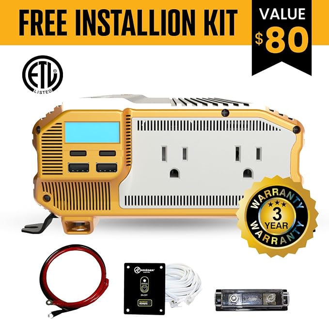K KRIËGER 1500 Watts Power Inverter 12V to 110V, Modified Sine Wave Car Inverter, Dual 110 Volt AC Outlets, Hardwire Kit, DC to AC Converter with Installation Kit - ETL Approved Under UL STD 458