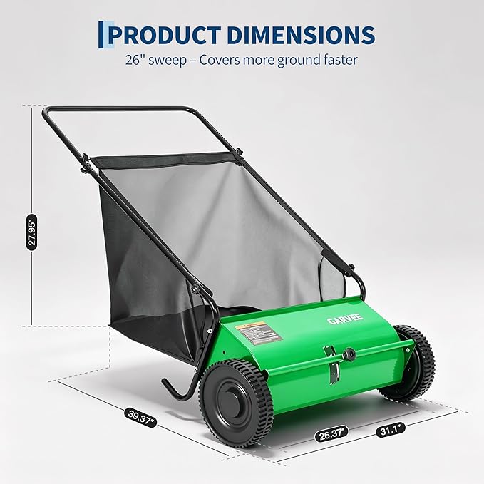 Garvee 26 Inch Push Lawn Sweeper, Walk Behind Leaf Grass Collector with 7 Cu ft Hopper Bag, Carbon Steel Frame, Yard Sweeper with Adjustable Brush Height for Garden Patio Driveway Leaves Cleanup