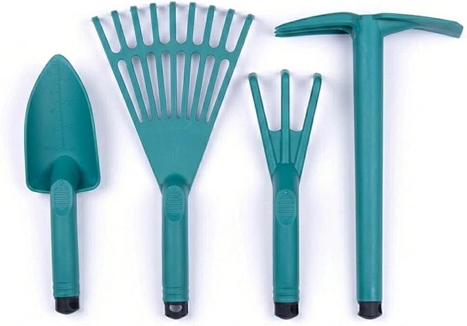 Mintra Garden Tool Set, 4-Piece Heavy Duty Gardening Tools, Includes Cultivator, Trowel, Shovel & Rake, Durable Poly Material & Non-Slip Handle, Planting, Yard Work, Landscaping – Forest Green