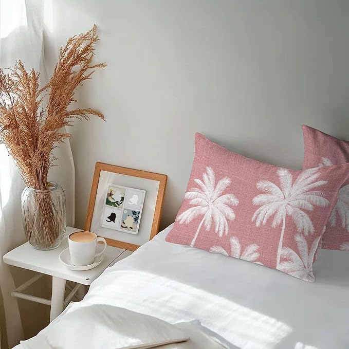 Lumbar Pillow Covers 20x12 Inch Set of 2, Pink Palm Trees Waterproof Outdoor Pillow Covers, Farmhouse Tropical Summer Beach Decorative Cushion Pillowcases for Couch, Sofa, Bed, Garden, Patio