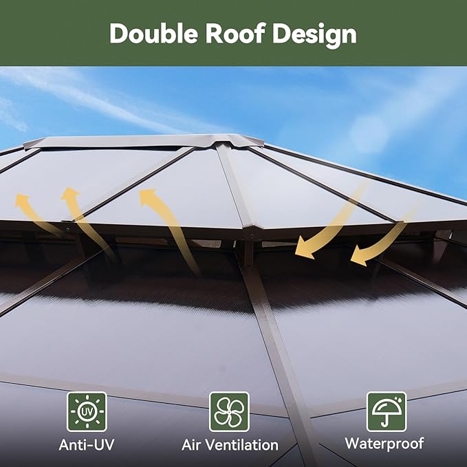 10’x14’ Hardtop Gazebo with Double Polycarbonate Roof Outdoor Metal Gazebo Sturdy Aluminum Frame & Removable Curtains, Netting Permanent Pavilion Pergola for Garden,Patio,Lawn (Brown)