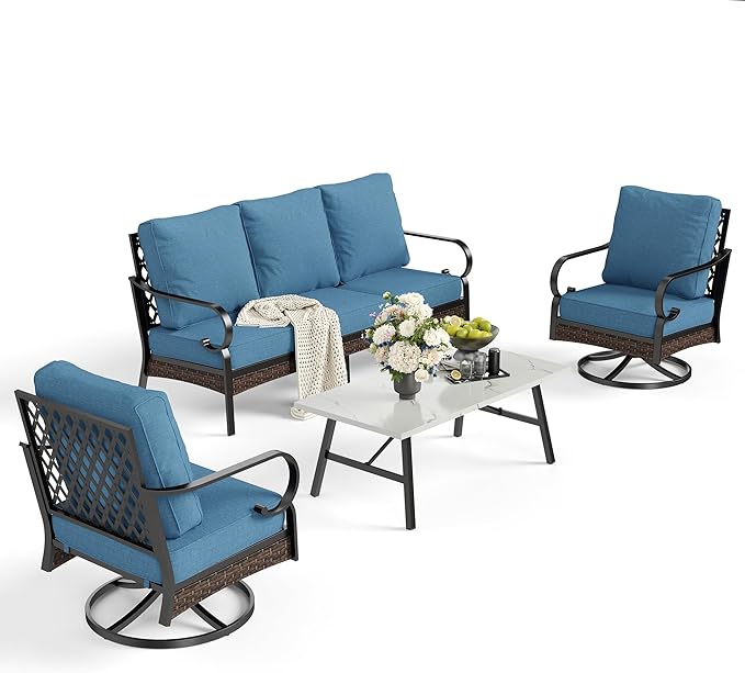 5 PCS Metal Outdoor Patio Furniture Set, Patio Conversation Sets 1 3-Seater Sofa, 2 Swivel Chairs with 5.75" Extra Thick Cushion & Coffee Table, Black Backyard Furniture, Denim Blue
