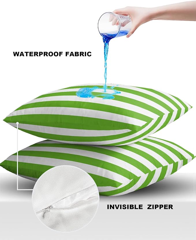 ALAGEO Outdoor Waterproof Pillow Covers for Patio Furniture Green and White Stripes Decorative Throw Pillow Cover Solid Striped Pillowcases Set of 2 Cushion Case for Sofa Couch Chair 18 x 18 in
