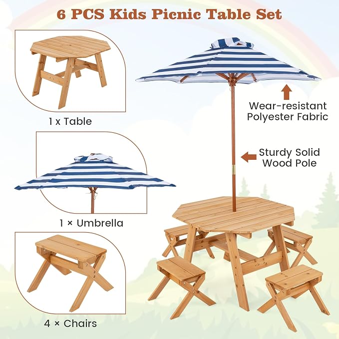 KOTEK Kids Picnic Table, Fir Wood Foldable Toddler Octagon Table and Chairs with Height Adjustable Umbrella, Indoor Children Art Play Table, Activity Kids Outdoor Table for Backyard & Patio (Natural)