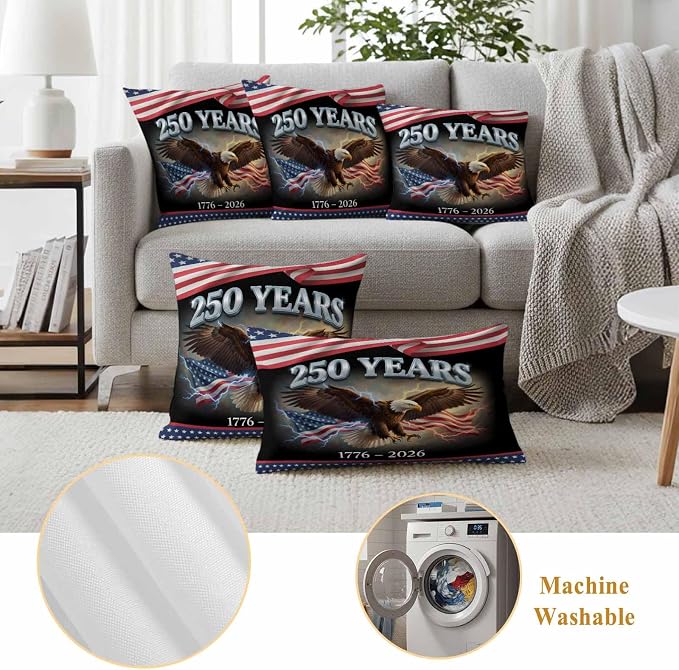 250th Anniversary USA Outdoor Waterproof Throw Pillow Covers 24x24 Set of 2, Independence Day Eagle Flag Decorative Pillowcases Cushion Pillowcase for Couch Sofa Patio Outside Pillow Protector