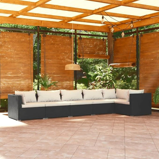 6 Piece Patio Lounge Set with CushionsOutdoor Dining Chairs,Patio Furniture Set,Outdoor Sectional Sofa,Patio Conversation Seat,Outdoor Seating,Modern Style,for Garden,Backyard, Poly Rattan Black