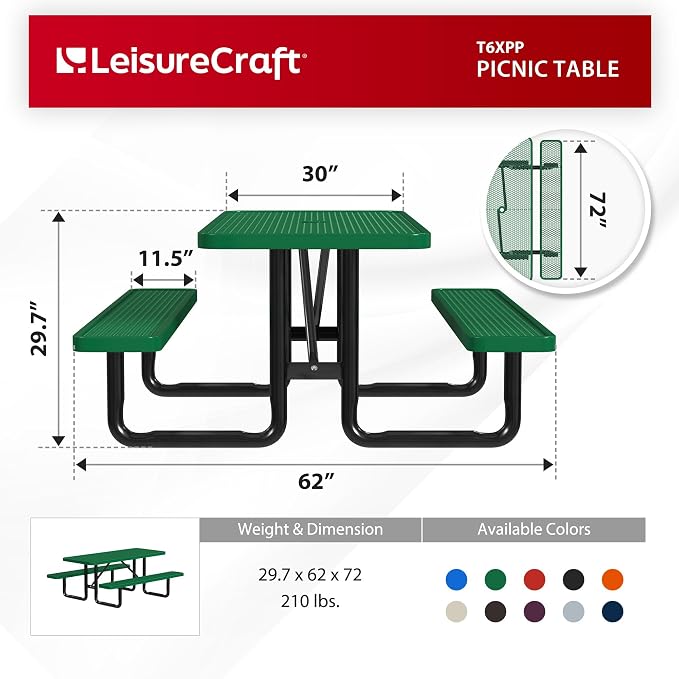 Leisure Craft Metal Picnic Table with Bench - 6 ft Rectangle Outdoor Dining Table for 6, Umbrella Hole, Weatherproof Heavy Duty Thermoplastic Coating, Commercial Grade Furniture Made in USA - Green
