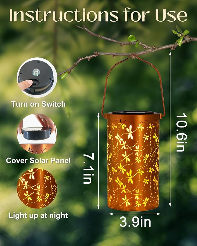 DIBIEECN Birthday Gifts for Women Mom Grandma Wife, Solar Lanterns Outdoor Waterproof, Metal Hanging Lights Garden Decor, LED Decorative Lantern for Patio Porch Backyard,Dragonfly, 1 Pack