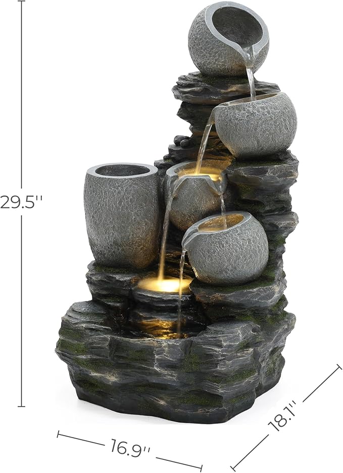 LuxenHome 29 Inch Tall Outdoor Water Fountain, 4 Tiers Cascading Pots & Rock Cascading Waterfall Fountain Outdoor and Indoor with LED Lights, Resin Garden Water Fountains for Patio, Porch, and Yard