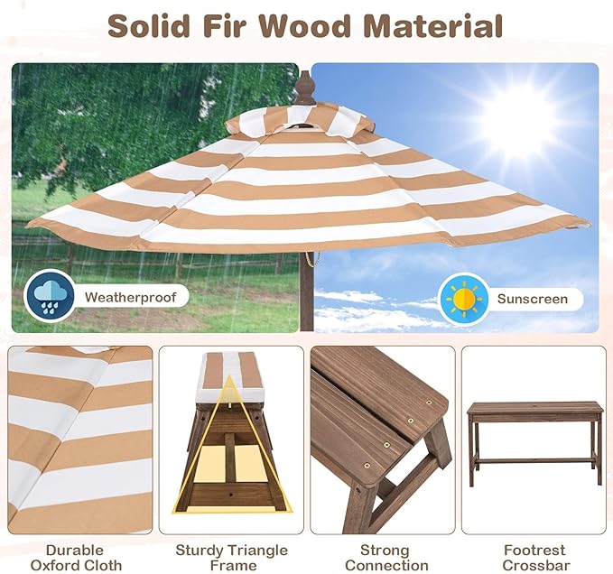 HONEY JOY Kids Picnic Table, Outdoor Wooden Table & Bench Set w/Removable Cushions and Umbrella, Stripe Fabric, Children Backyard Furniture for Patio Garden, Gift for Toddler Boys Girls Age 3+(Coffee)