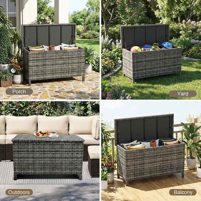 120 Gallon Waterproof Outdoor Wicker Deck Box, Large PE Rattan Storage Chest with Lockable Lid & Gas Strut, All-Weather Patio Storage Bench for Cushions Garden Tools, Brown