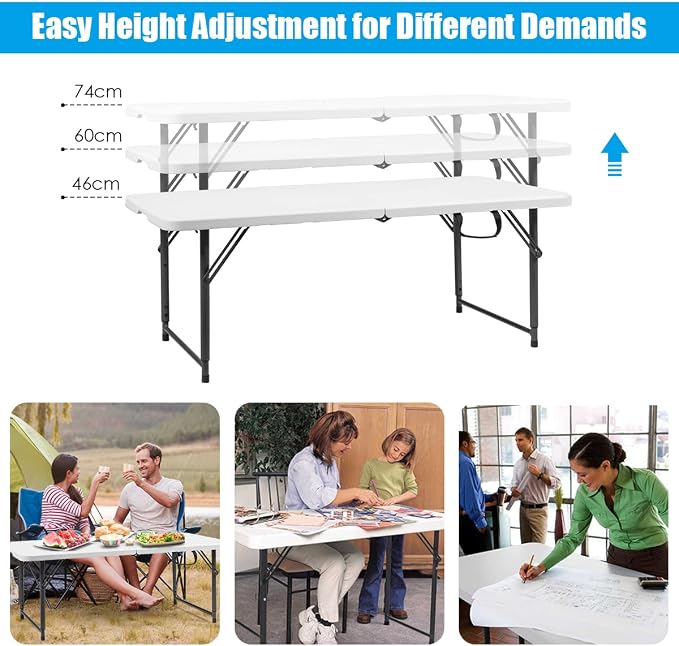 TANGZON 4FT Folding Picnic Table, 3 Adjustable Heights Camping Table with Carry Handle, Indoor Outdoor Dining Table for BBQ Catering Buffet Party, 150KG Capacity (Black Feet, 122 x 61 x 46/60/74cm)