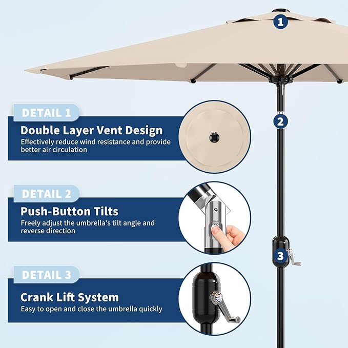 Garvee 9 ft Outdoor Patio Umbrella 8 Sturdy Ribs Outdoor Table Umbrella with Crank Lift & Push Button Tilt - UV Protection Waterproof Market Umbrellas for Pool, Deck, Yard, Garden, Light Beige